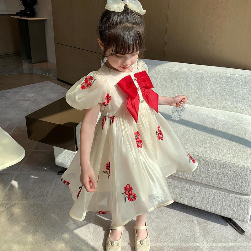 Girls Spring Summer Embroidered Shimmer Bow Short Sleeve Princess Dress Fresh Sweet Baby Girl Party Dress 90cm