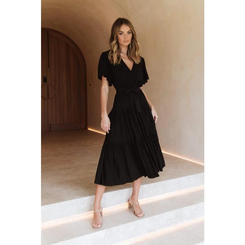 New v-neck commuter solid color short-sleeved waist dress, bohemian dress