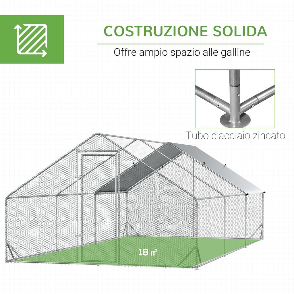 Garden Chicken Coop with Galvanized Frame, Waterproof Cover and Hexagonal Netting, 3x6x2m, Silver