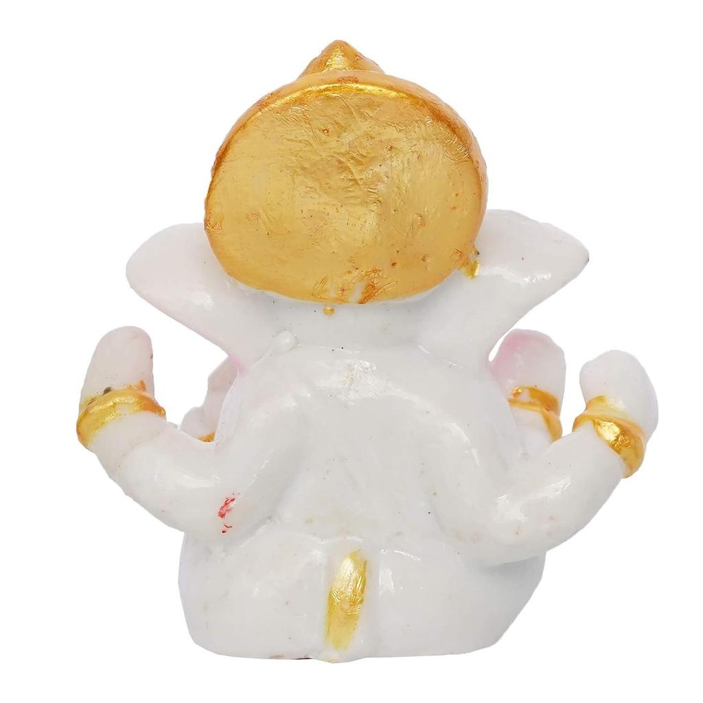 White Resin Lord Ganesha Idol with Golden Mukut| Lord Ganesha Idol for Home Decor Office Car Dashboard| Ganesha Statue for Puja Room