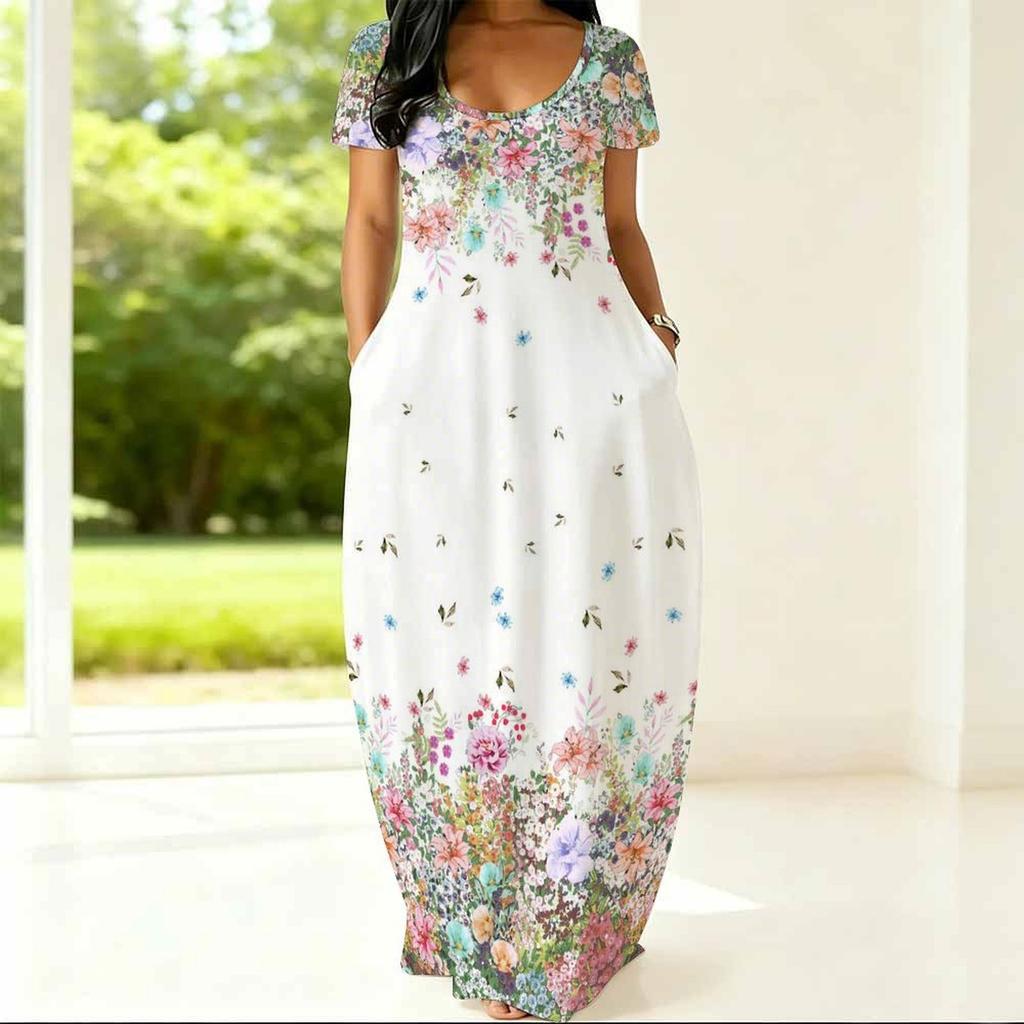 Plus Size Women Summer Dress Crew Neck Short Sleeve Loose Fit Apparel For Casual Home And Outdoor Walking