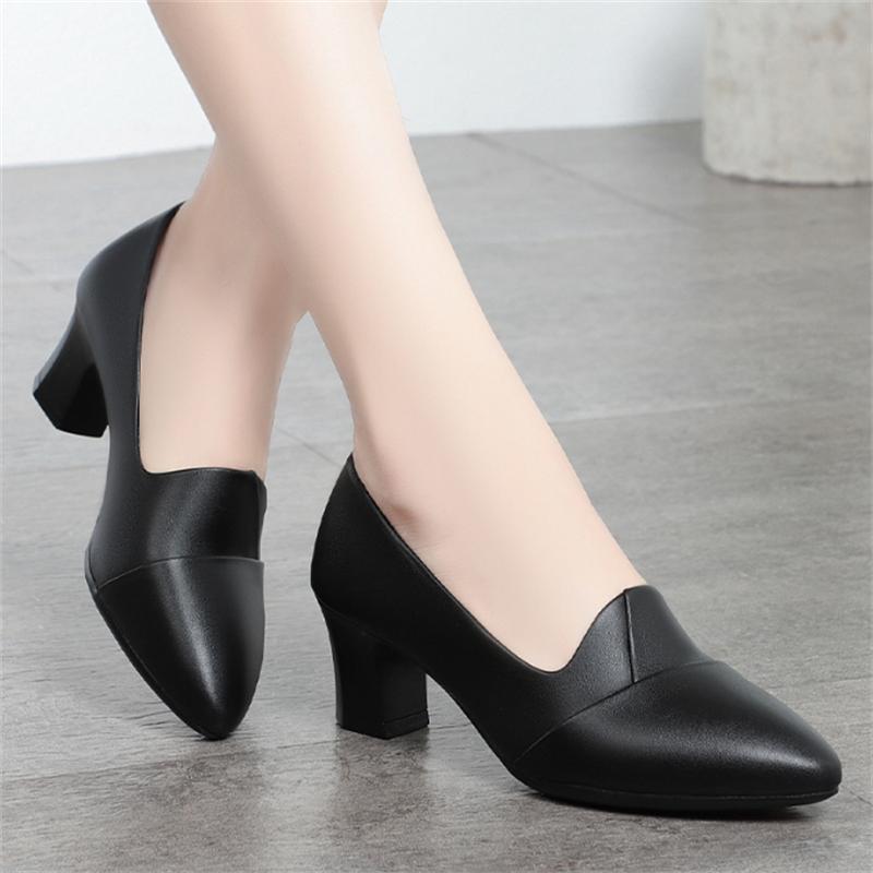 New Women Pumps Pu Leather Work Shoes Chunky High Heels Women Pointed Toe Pumps Casual Slip on Solid Heels Women Shoes