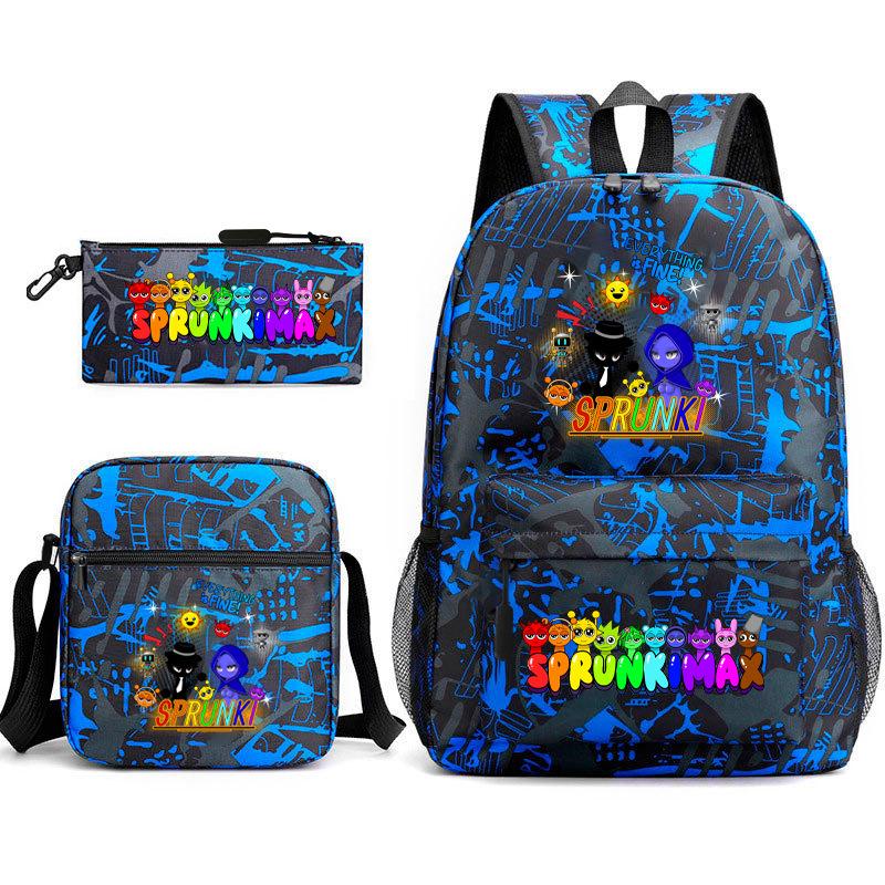 New Rhythm Box Student School Bag Three-piece Set, Casual Sprunki Backpack Crossbody Bag Pencil Bag