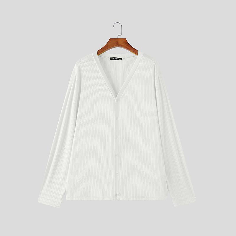 INCERUN Oversized Men Round Neck Long Sleeve Texture Plain Buttons Casual T-shirts Tops