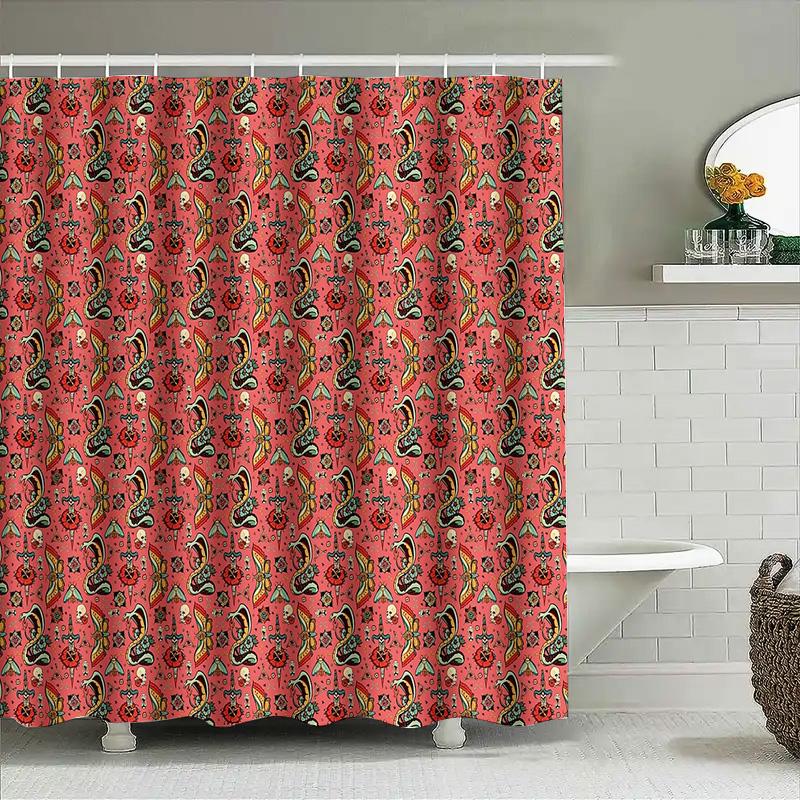 Vintage Floral Shower Curtain Skull Roses Pattern Bathroom Decor Waterproof Fabric Washable Liner Set