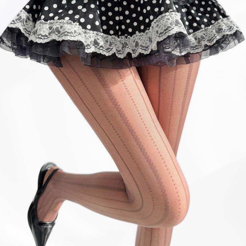 Retro Autumn-Winter Striped Lace Knit Polka Dot Slimming Tights
