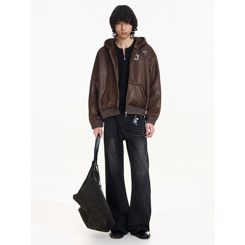 Blaexit Winter Retro Embroidered Badge Cotton Lamb Wool Padded Leather Jacket Men's Thickened Hooded Cotton Coat