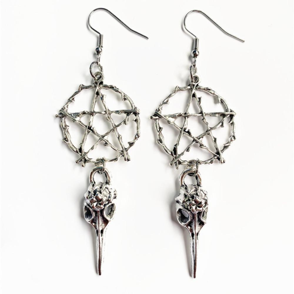 Goth Punk Sliver Color Big Five-pointed Star Rune Bird Beak Skull Pendant Dangle Earrings for Women Men Halloween Party Jewelry