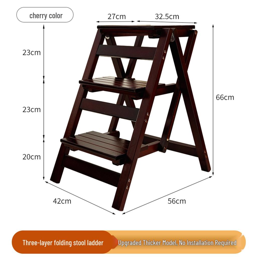 Solid Wood Foldable Ladder with Non-Slip Steps - Multi-Functional, Portable, Stackable, and Ideal for Household Climbing and Storage.