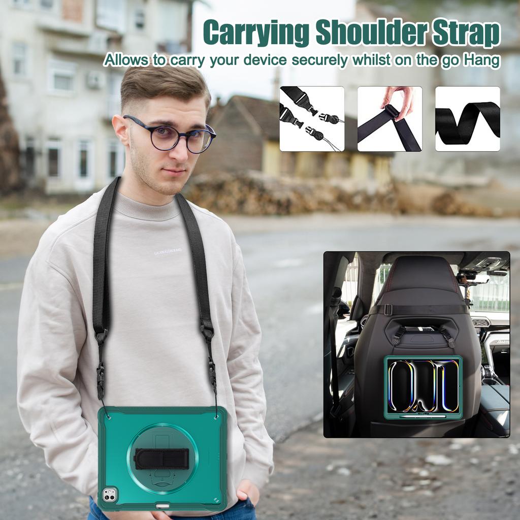 For iPad Pro 13 (2025)/(2024) Case Hand Strap Kickstand PC+TPU+Silicone Cover with Shoulder Strap