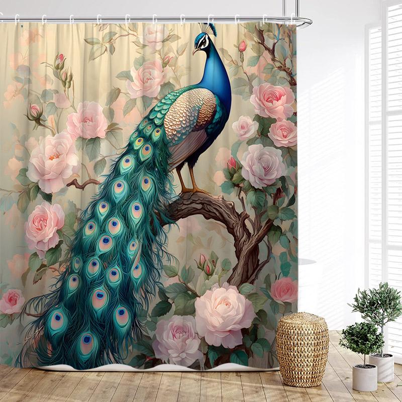 Floral Peacocks Shower Curtain Tree Cave Jungle Flowers Green Plants Birds Modern Home Bathroom Decor Bath Curtains With Hooks