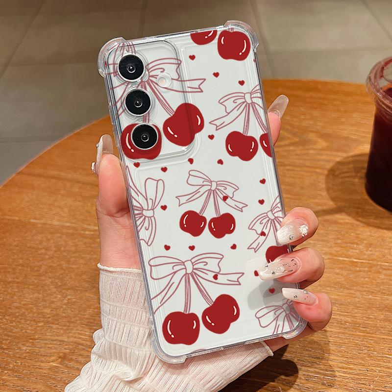 

Чехол с бантами и вишнями для Samsung Galaxy S26 S25 S24 Ultra S23 S22 Plus S21 FE A54 A15 A25 A35 A55 A16 A26 A36 A56 A17 A37 A57 5G Прозрачный Мягкий Чехол Samsung S24 FE прозрачный