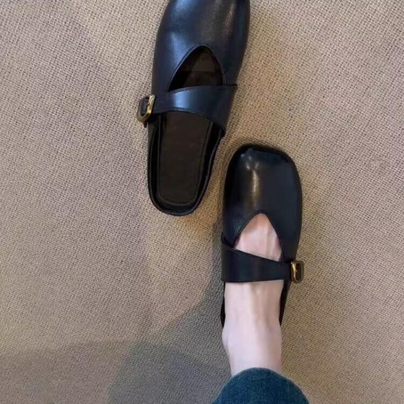 Fashion Retro Flat Baotou Half Slippers Women's Summer New Square Toe Shallow Mouth Metal One-word Buckle One-foot Slip-on Sandals