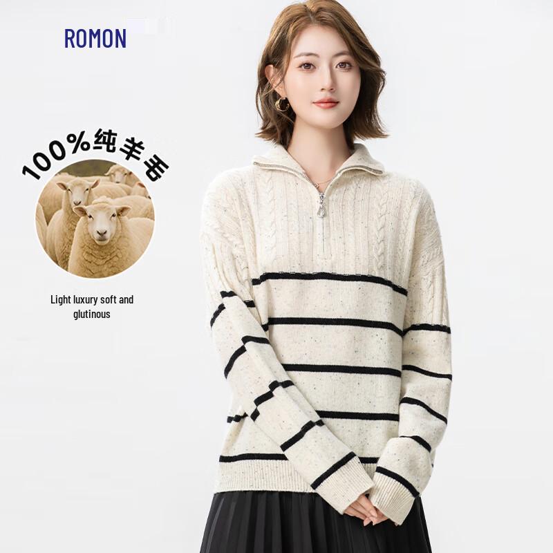 ROMON Damen 100% Merinowolle Reißverschluss Halboher Kragen Pullover