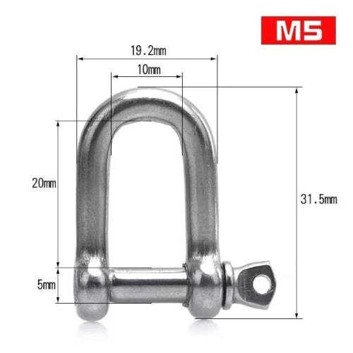 HFS(R) Stainless Steel Shackles, 10-Piece Set, 160kg Load Capacity, D-Shaped Shackles, 5mm Hook (M5, 10 Pieces)