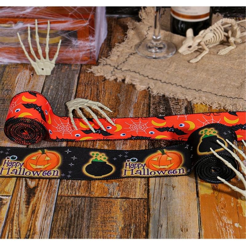 Halloween Theme Wide Ribbon for Halloween Celebration Decors 2.5inch Wire Edged Wide Ribbon 5 Yard for Festival Decors