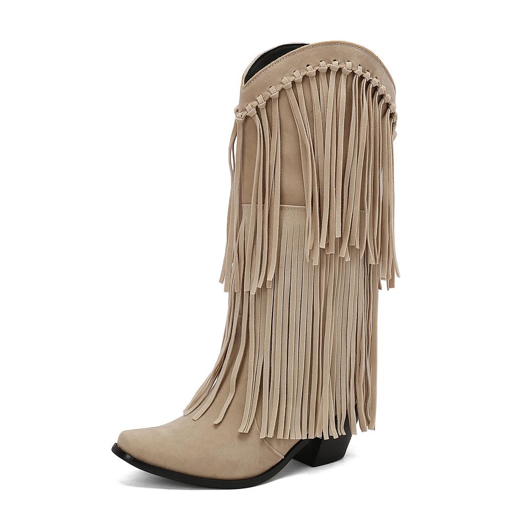 Fashion Fashion Autumn Winter Ethnic Woman Bohemian Flock Tassle Hidden Moccasin High Heels Mid-Calf Boots Fringe Female Slip On Shoes