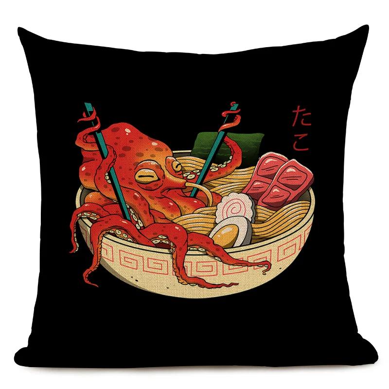 Japanese Style Decorative Cushion Cover Cute Japanese Ramen Tea Cat Octopus Pillowcase for Home Decor