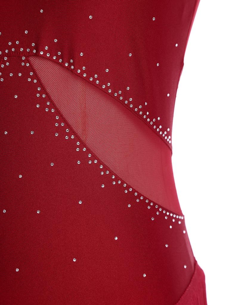 Dame Latin Dans Leotard Glitrende Rhinestone Dusker Mesh Lappverk Rygg Utklipp Bodysuit Ytelseskostyme