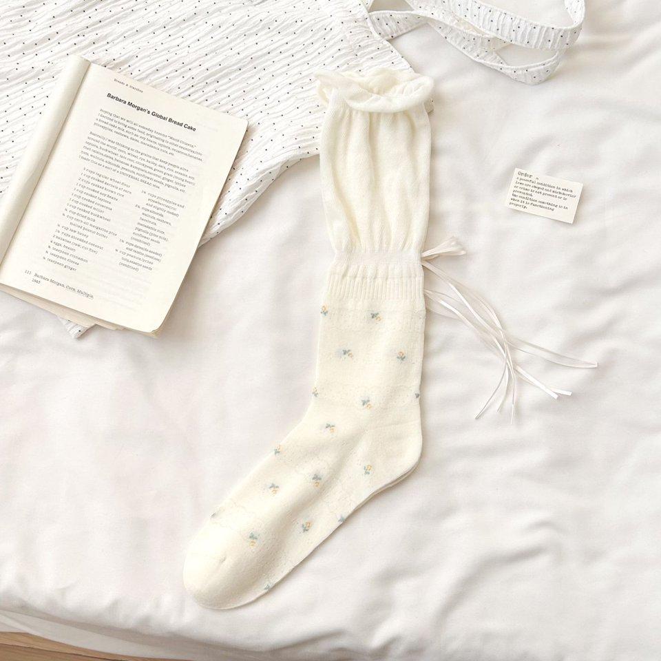Spring and Summer Thin Ballet Style Women Socks JK Floral Ribbon Women Calf Socks Super Fairy Mesh Breathable Cotton Pile Socks