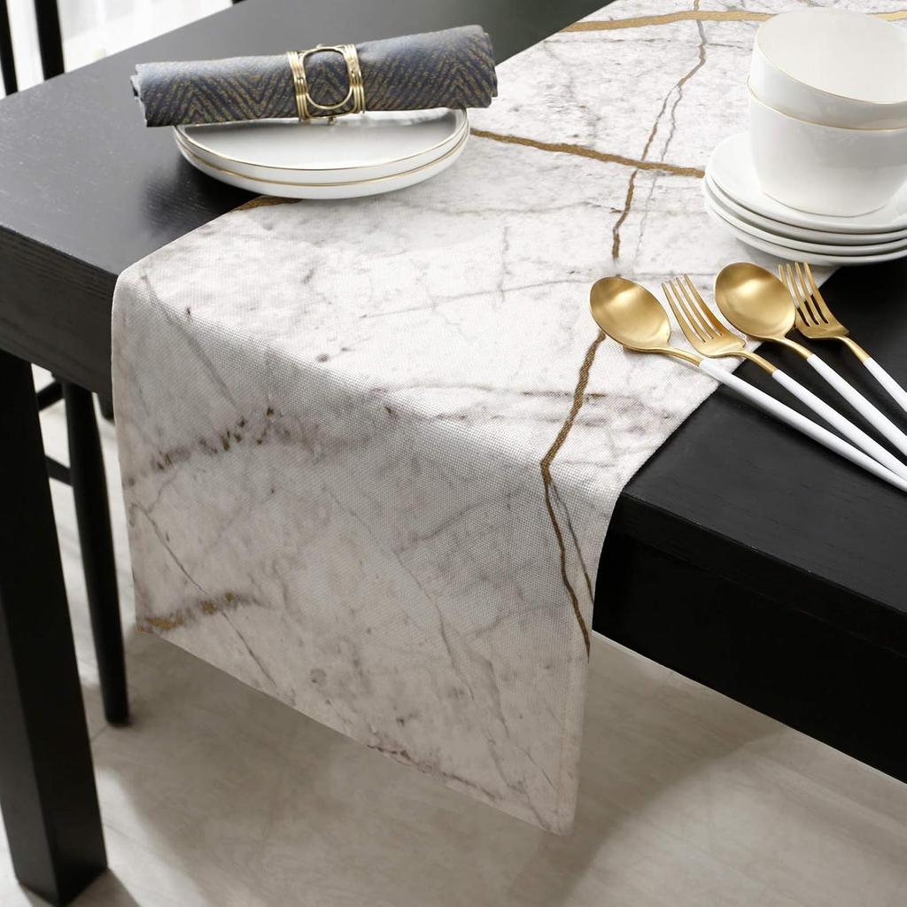 Marble Table Runner-Cotton linen-Long 72 inche White Gray Gold Dresser Scarves,Texture Tablerunner for Kitchen Coffee/Dining/Sofa/End Table Bedroom