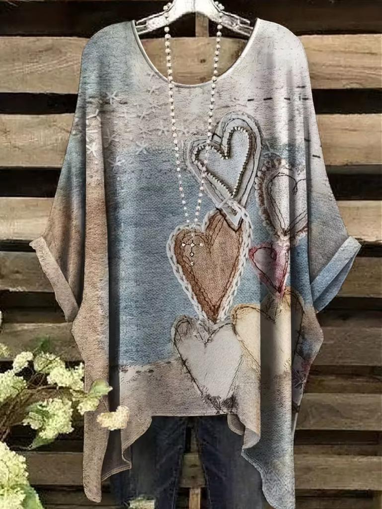 Elegantes Bohemian Chic Übergroßes Einfaches Retro Liebesdruck Druck Damen T-Shirt Asymmetrischer Saum Rundhalsausschnitt Vielseitige Damenbekleidung