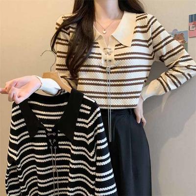 POLO Collar Chain Long Sleeved Striped Knitted Sweater Women's Autumn Outfit New Slim Fit Short Top Base Shirt Women's Clothing