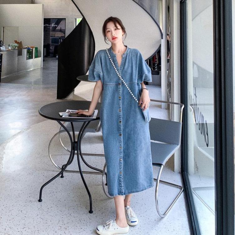 New Korean Style Summer Short Sleeve Denim Dress Women Loose Shirt Dress Single Breasted