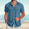Men's Textured Casual Short-sleeved Shirt, Solid-color Loose Top With Pocket