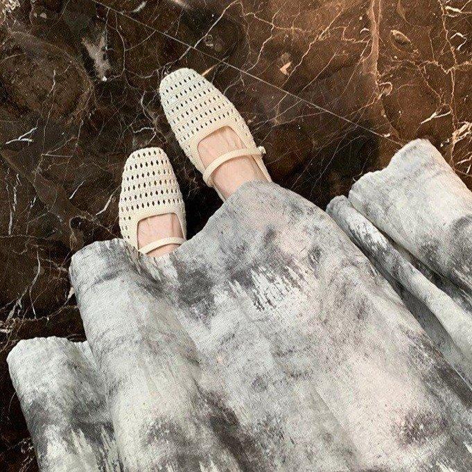 Sheepskin Version! 3cm Inner Height Increase Bag Head Half Drag Women's Summer Thick Heel Weaving Hollow Mary Jane Cool Slippers Women's Outer Wear