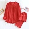 GDenFrog Long Sleeve Double Sizes Red Women's Pajamas, Loungewear, Gauze, 100% Cotton, Moisture-Wicking, Breathable, Skin-Friendly, Open-Front,