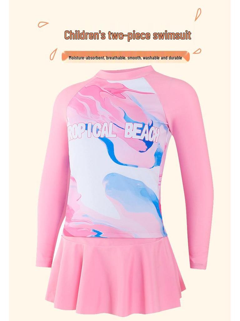 2025 Pink Tie-Dye Long Sleeve Two-Piece Swimsuit for Girls: Includes Short Skirt