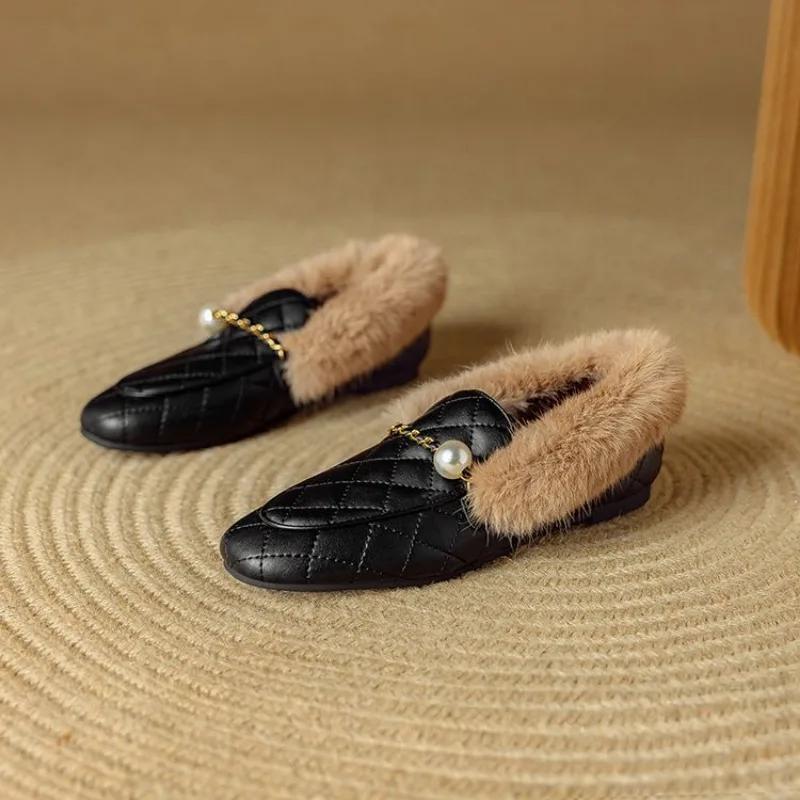 Fashion New Black Brown Autumn Winter Plush Warm Casual Shoes Women's Fashionable and Comfortable Low Heeled Cowhide Warm Cotton Shoes