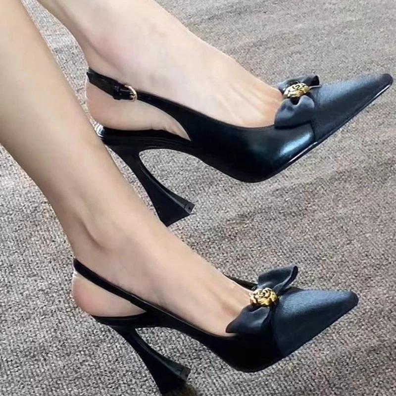 French Bow Knot High Heel Sandals for Women Sexy Back Strap Pointed Toe Sandalias Woman  Office Patent Leather Sandals Mujer