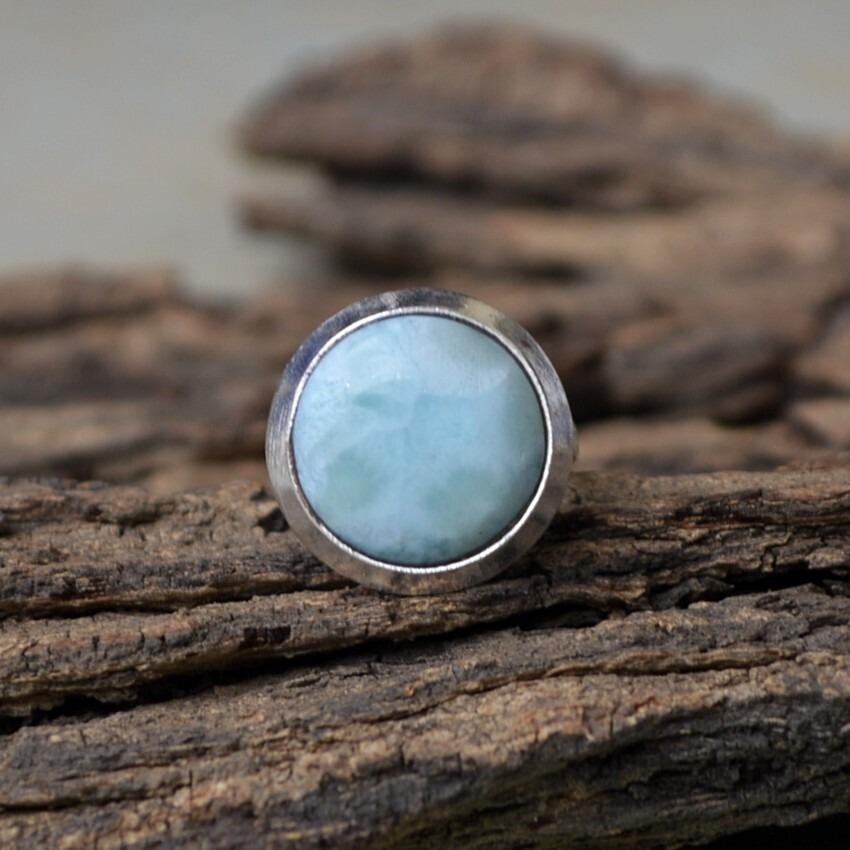 Natural Round Dominican Larimar Gemstone 925 Sterling Silver Gift Ring