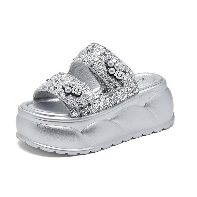 

One-word cool slippers women s 2025 summer new pearl sequins Velcro outer wear thick bottom inner height increase of 7.5 cm 39