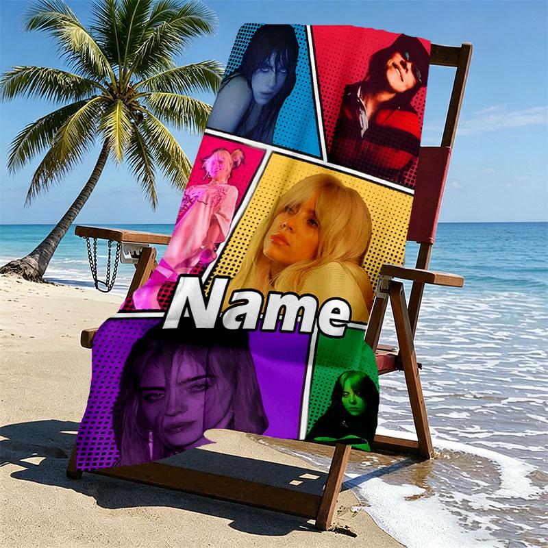 Custom Name Personalized Billie Eilish Print Beach Towel, for Trip Camping Beach Party Home Decor, Birthday Gift for Family & Friends