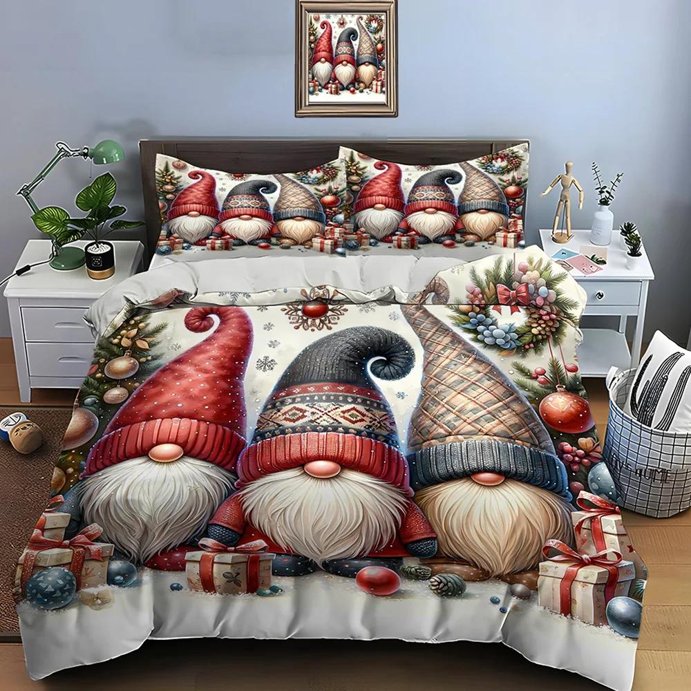 Christmas Gnome Print Bedding Set Duvet Cover 1 Duvet Cover 2 Pillowcases Adult and Children Bedding Set Luxury Holiday Gifts