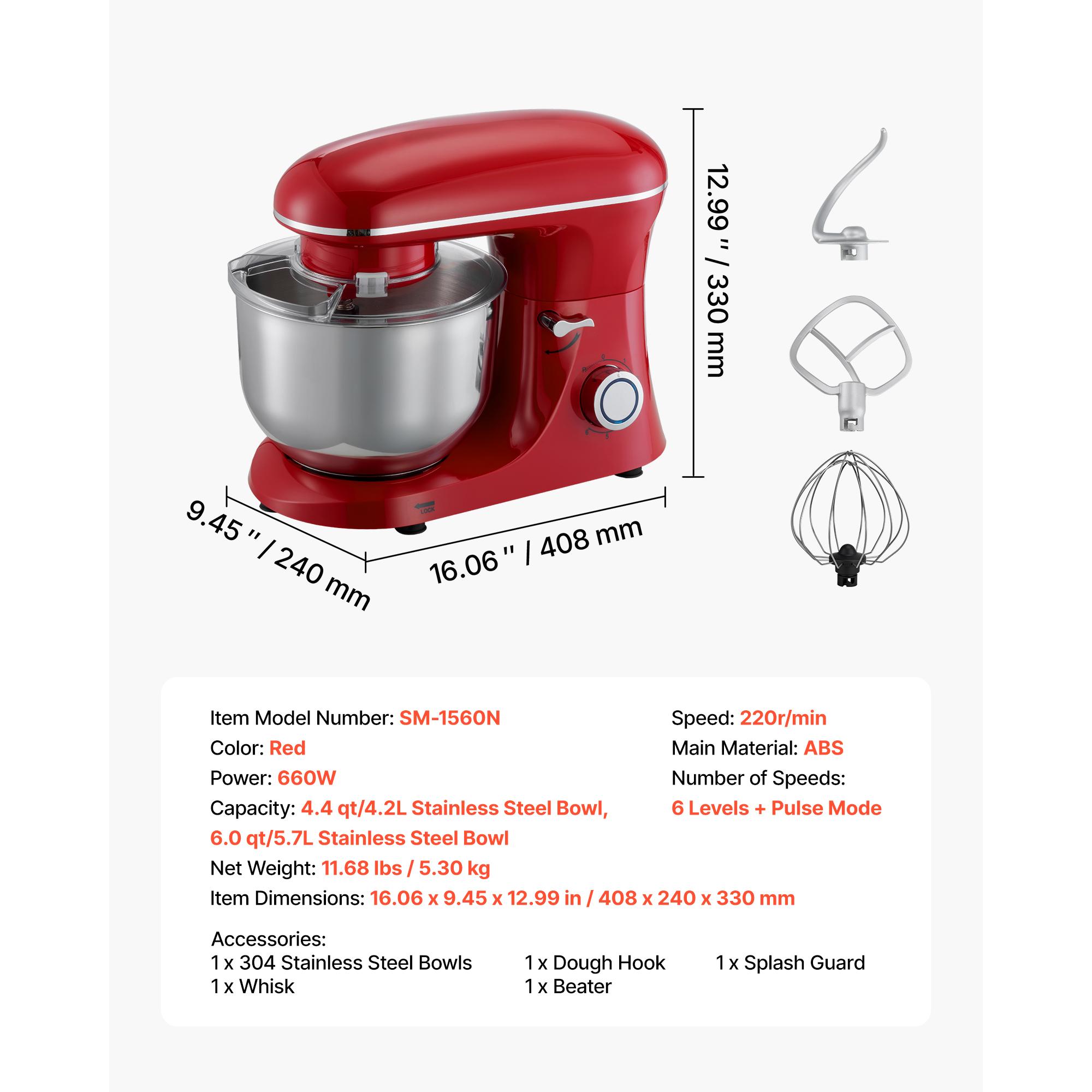 SucceBuy Stand Mixer 6 QT Electric Kitchen Mixer 6 + Pulse Speeds Tilt-head Food-Mixer w/ Stainless Steel Bowl Dough Hook Whisk
