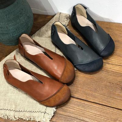 Literarische Handgefertigte Echtes Leder Damen Retro Weiche Flache Runde Zehenpartie Rindsleder Oma Schuhe