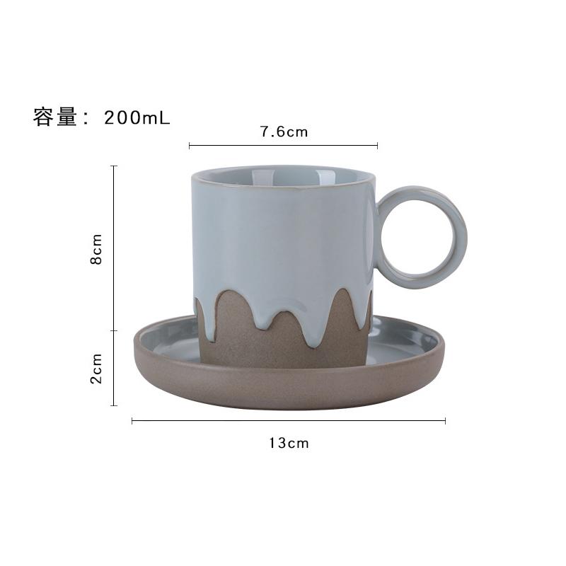 Vintage Glasierte Kaffeetasse und Untertasse Set Grobkeramik Latte Zuhause Kreativer Keramikbecher Wasserbecher Dekoration Heimtasse 200ML