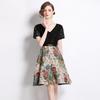 Summer Women V-neck Short Sleeve Vintage Jacquard Flower Lace Patchwork Party Dresses with Belt