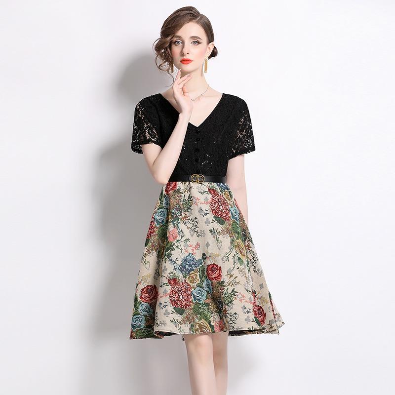 Summer Women V-neck Short Sleeve Vintage Jacquard Flower Lace Patchwork Party Dresses with Belt