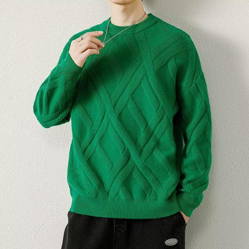 

Men s Retro Hong Kong Style Diamond Knit Sweater - Thickened, Long-Sleeve, Round Neck for Autumn 3XL зелений