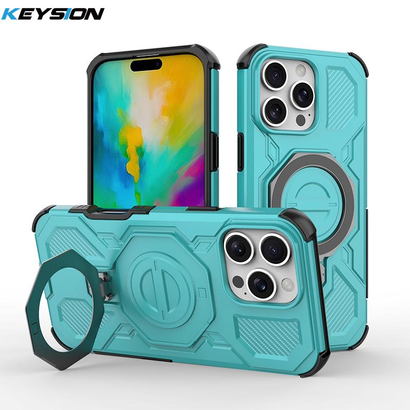 KEYSION Shockproof Magnetic Case for iPhone 16 Pro Max Upright Live Metal Ring Stand Phone Cover for iPhone 15 Pro Max
