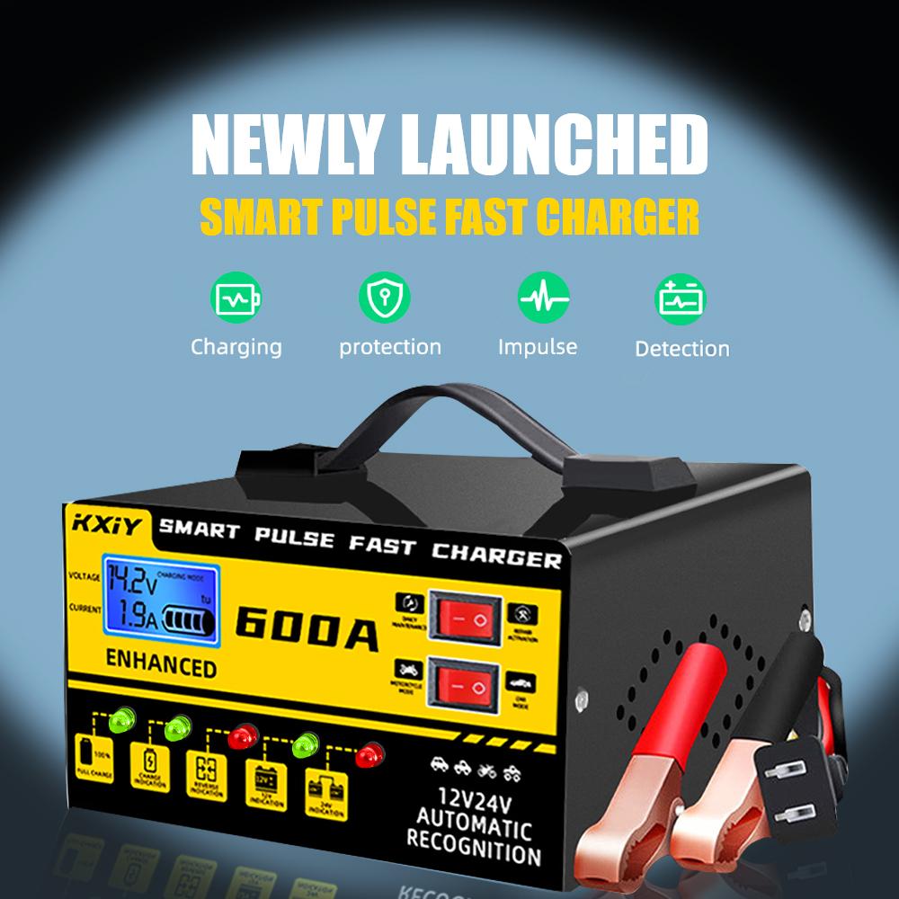 Voltage Temperature Detection Automatic Stop 12V 24V 600A EU/US Plug Intelligent Pulse Repair Car Battery Charger Digital LCD Display