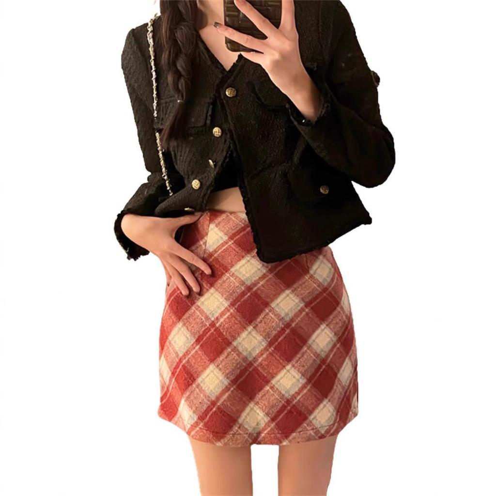 Plus Size Women's High Waist Retro Plaid Wool Mini Skirt