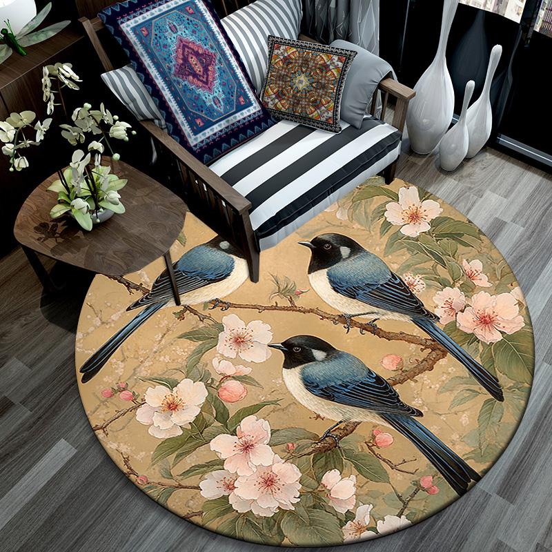 Birds On Branches Round Area Rug,Carpet Rug for Living Room Bedroom Sofa Playroom Decor,Non-slip Floor Mat