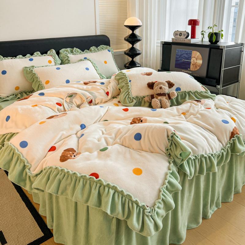 Xiaohongshu Popular Thickened Milk Fleece Bed Cover Bed Skirt Four-Piece Set Farai Fleece Warm Quilt Cover Bed Hat