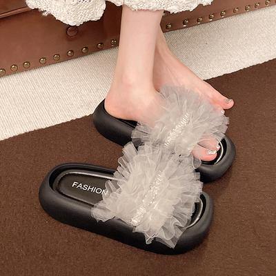 High-heeled Beach Flip-flops for Women's Outerwear 2025 Summer New Fashion Muffin Bottom Thick-bottomed Sandals Flower Slippers